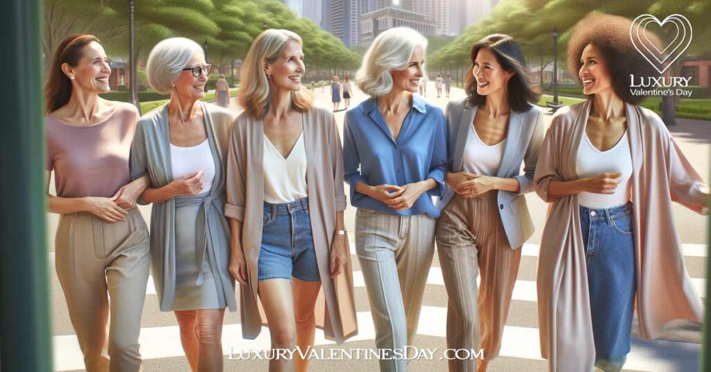 Dating Tips for Older Women : Group of mixed-race older women walking together in a city park, talking and laughing. | Luxury Valentine's Day