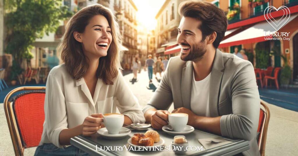 Dating Tips for Women During the Date : Woman and man sitting at an outdoor café, engaged in a lively conversation. | Luxury Valentine's Day