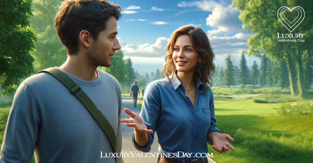 Dating Tips for Women Embrace Authenticity : Woman and man walking in a park, having a heartfelt conversation. | Luxury Valentine's Day