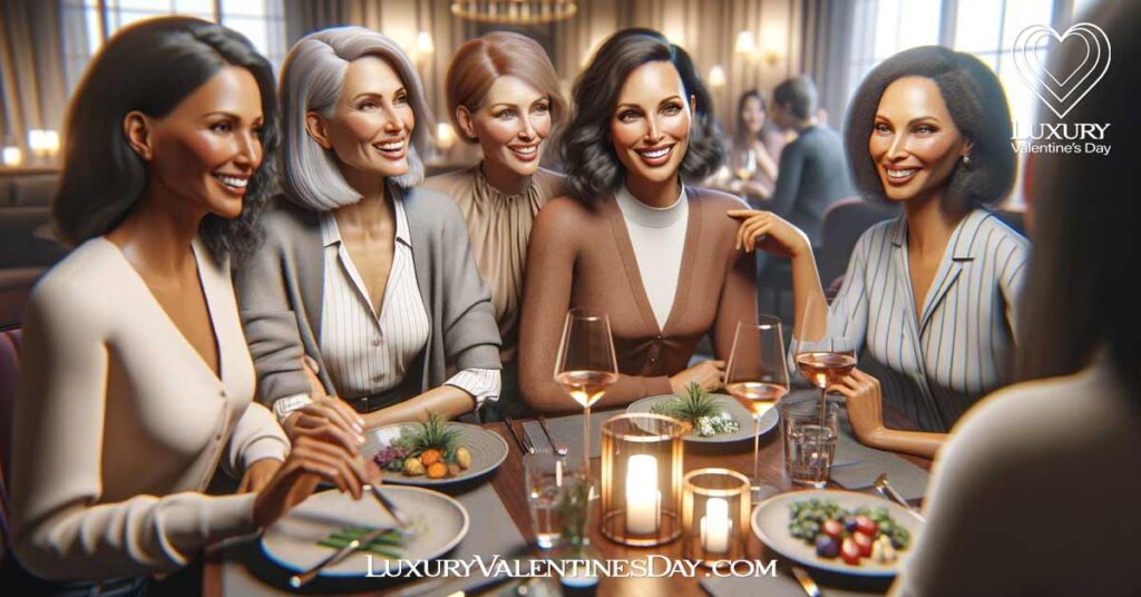 Dating Tips for Women Over 40 : Group of mixed-race women over 40 sharing dating advice at an elegant restaurant. | Luxury Valentine's Day