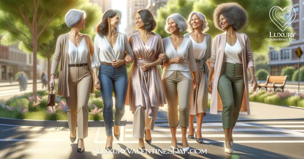 Dating Tips for Women Over 50 : Group of mixed-race women over 50 walking together in a city park, talking and laughing. | Luxury Valentine's Day