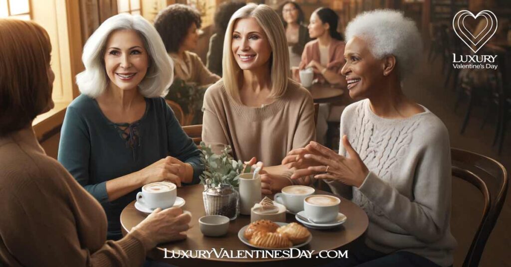 Dating Tips for Women Over 60 : Group of mixed-race women over 60 sharing dating advice at a cozy café. | Luxury Valentine's Day
