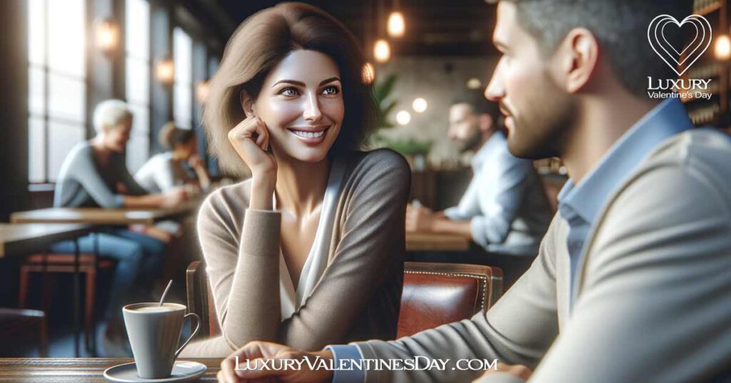 Dating Tips for Women The Role of Body Language : Woman and man sitting at a café, engaged in a pleasant conversation with positive body language. | Luxury Valentine's Day
