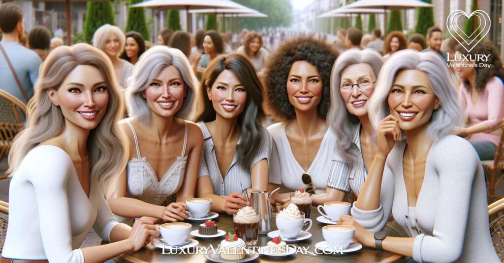 Dating Tips for Women of Different Ages : Group of mixed-race women of different ages sharing dating tips at an outdoor café. | Luxury Valentine's Day