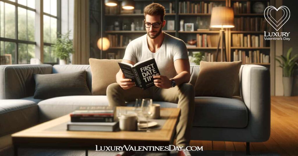 FAQs 1st Dates For Guys : Man sitting on a couch, reading a book about first date tips. | Luxury Valentine's Day