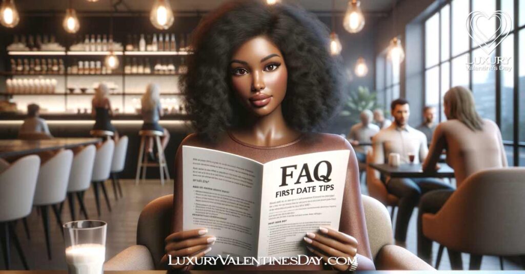 FAQs Tips for Women on First Date : Black woman sitting at a stylish café, reading a FAQ booklet about first date tips. | Luxury Valentine's Day
