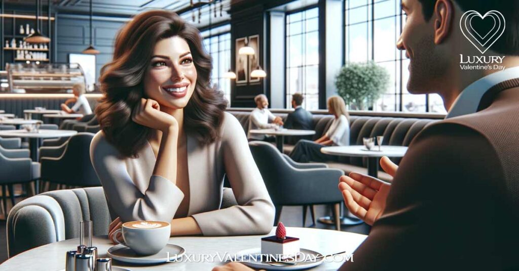 First Date Advice for Ladies : Woman and man having a pleasant conversation at a chic café. | Luxury Valentine's Day