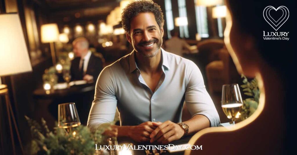 First Date Advice for Men Over 40 : Mixed-race man over 40 on a first date at an elegant restaurant, smiling and engaged in conversation. | Luxury Valentine's Day