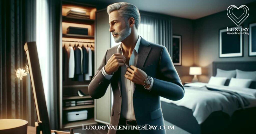 First Date Advice for Men Over 60 : Man over 60 getting ready for a first date, adjusting his blazer in front of a mirror. | Luxury Valentine's Day