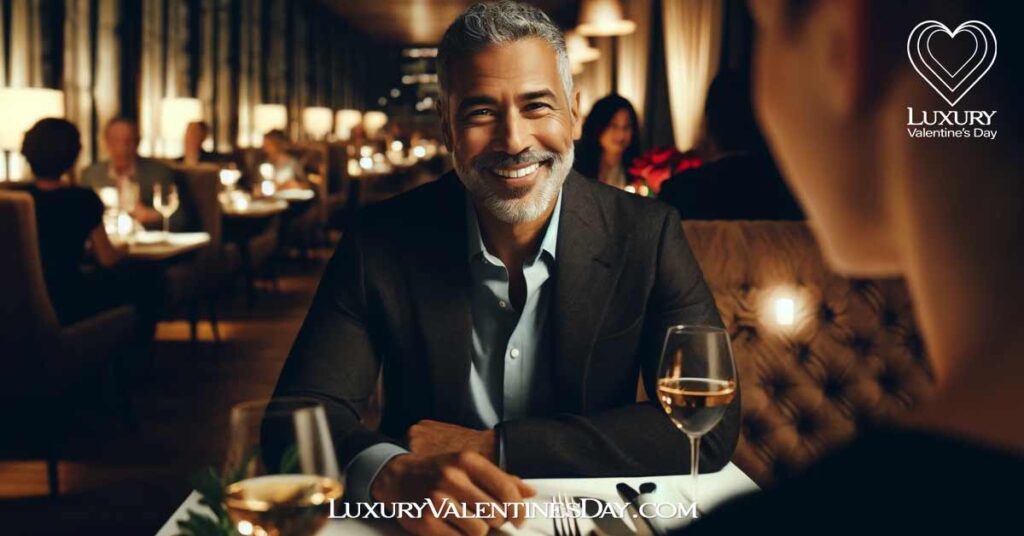 First Date Advice for Older Men : Mixed-race older man on a first date at an elegant restaurant, smiling and engaged in conversation. | Luxury Valentine's Day