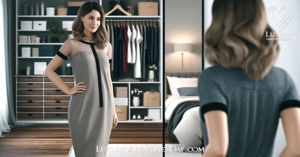 First Date Advice for Women Dress To Impress : Woman standing in front of a mirror trying on a stylish dress. | Luxury Valentine's Day