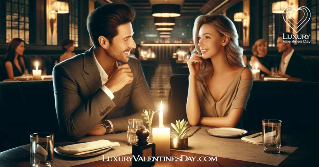 First Date Conversation Tips For Men : A couple on a first date at an elegant restaurant, engaged in lively conversation. | Luxury Valentine's Day