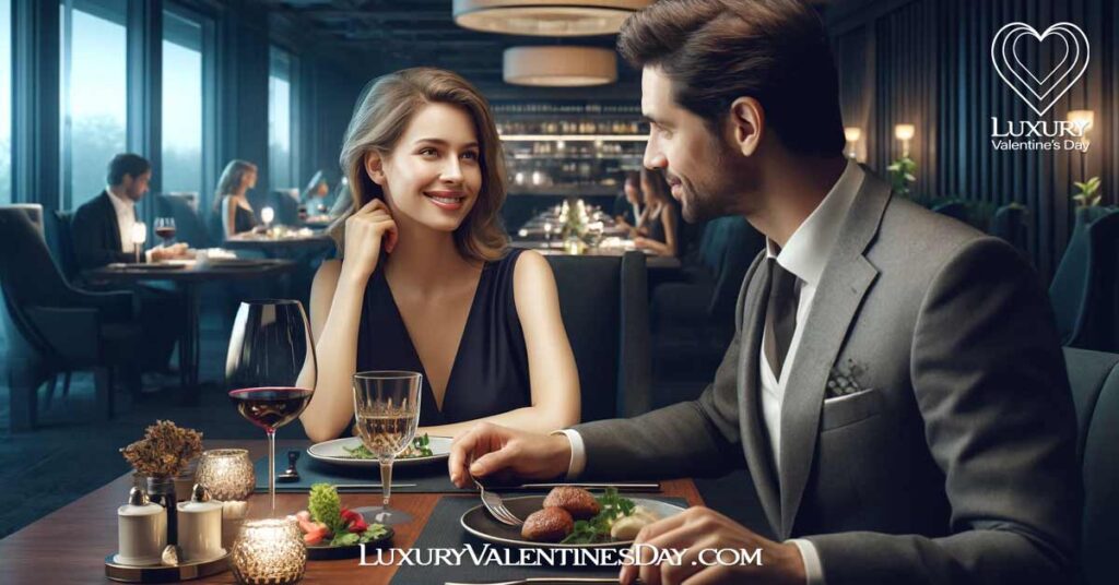First Date Etiquette Essentials for Women : Woman and man sitting at a fine dining restaurant, engaged in a pleasant conversation. | Luxury Valentine's Day