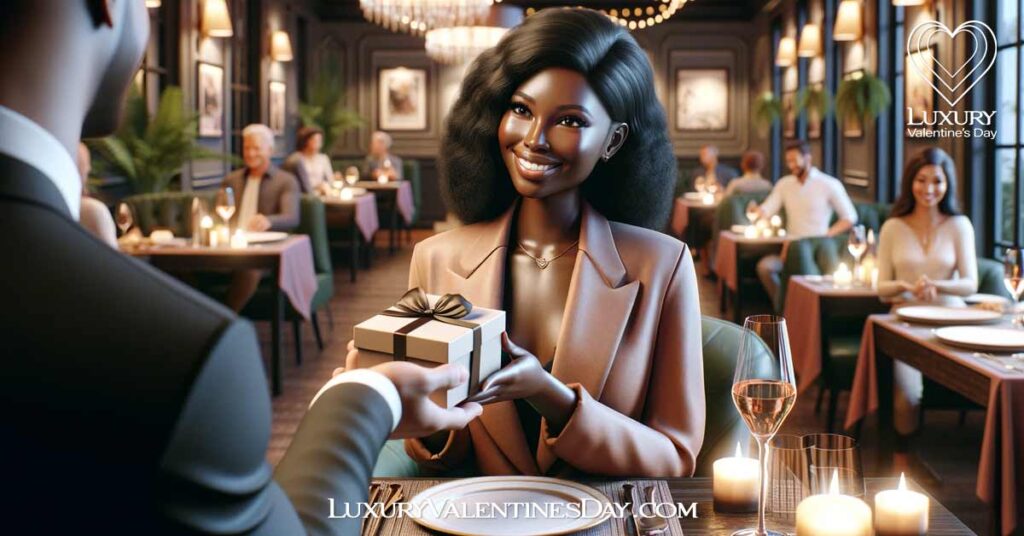 First Date Gift Ideas : Black woman receiving a small gift box from her date at an elegant restaurant. | Luxury Valentine's Day