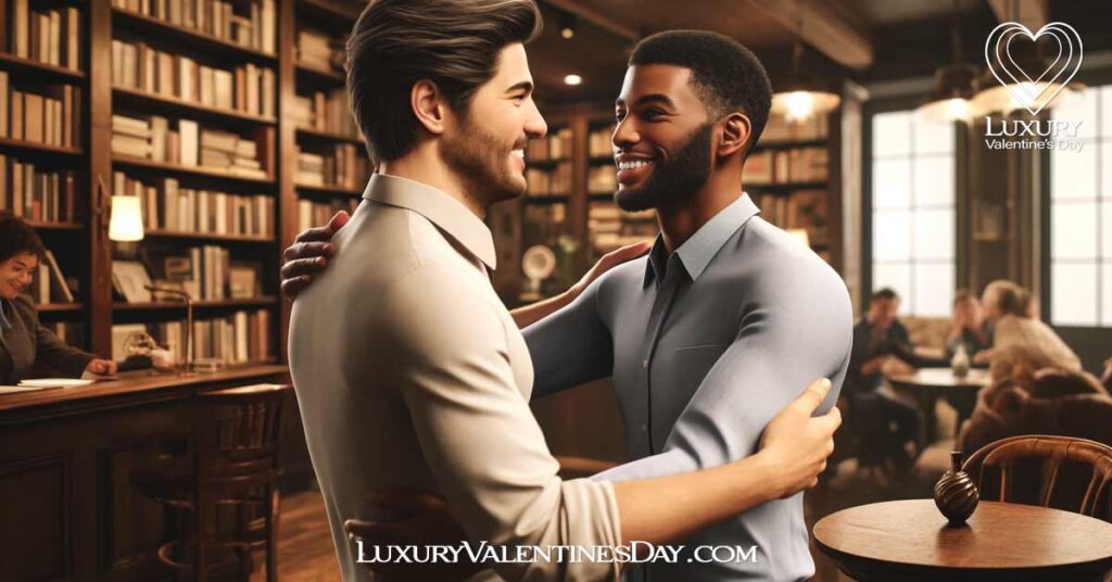 First Date Greetings FAQ : Gay couple warmly embracing in a cozy bookstore cafe. | Luxury Valentine's Day