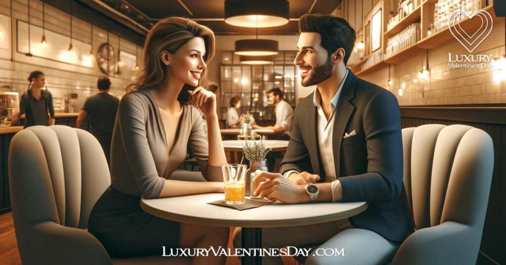 First Date Tips For Men : A well-dressed man and woman on a first date at a cozy café, engaged in lively conversation. | Luxury Valentine's Day