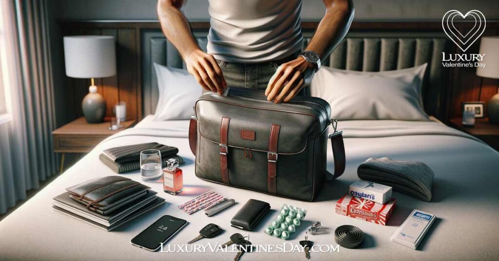 First-Date Tips for Men Bring Essential Items : A man packing his essentials for a first date, placing items into a stylish messenger bag. | Luxury Valentine's Day