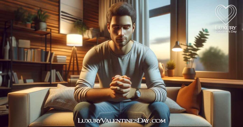 First Date Tip -for Shy Guys : Shy man practicing deep breathing exercises on a sofa in his apartment. | Luxury Valentine's Day