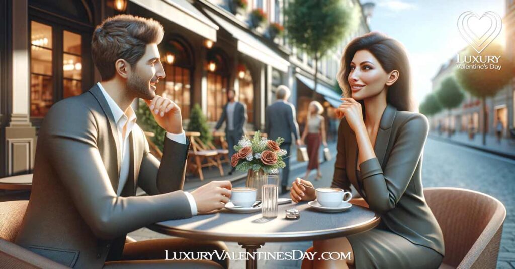 First Date Tips for Women : Woman and man having a lively conversation at an outdoor café. | Luxury Valentine's Day