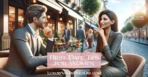 First Date Tips for Women : Woman and man having a lively conversation at an outdoor café. | Luxury Valentine's Day