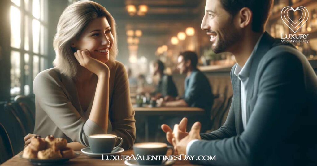 First Date Tips for Women Conversation : Woman and man sitting at a cozy coffee shop, having an engaging conversation. | Luxury Valentine's Day