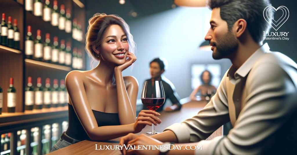 First Date Tips for Women Dont Drink Too Much : Woman holding a glass of wine at a bar, pacing herself while talking with a man. | Luxury Valentine's Day