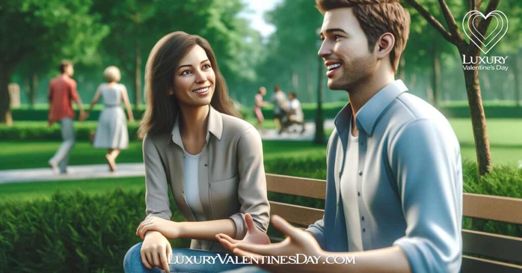 First Date Tips for Women Dont Talk About Your Ex : Woman and man sitting at a park bench, engaged in a light-hearted conversation. | Luxury Valentine's Day