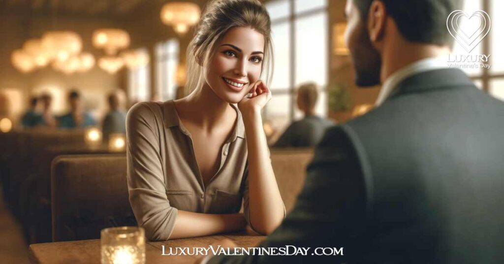 First Date Tips for Women Mindset and Attitude : Woman and man at a café, smiling and engaged in a lively conversation. | Luxury Valentine's Day