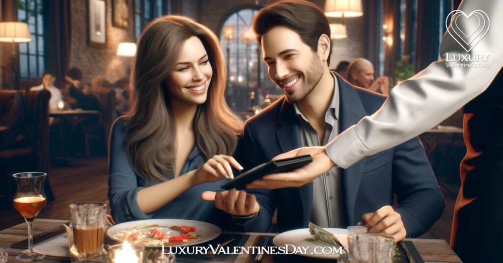 First Date Tips for Women Offer to Pay : Woman handing the bill to the waiter at a restaurant while smiling with a man. | Luxury Valentine's Day