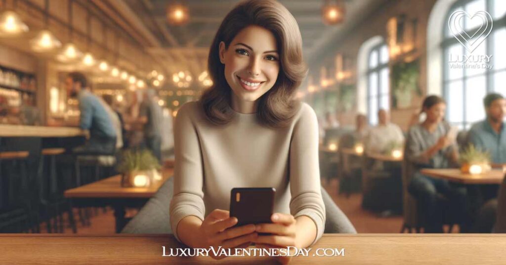 First Date Tips for Women Post Date Follow Up : Woman sitting at a cozy café, smiling while typing on her phone, sending a follow-up message after a date. | Luxury Valentine's Day