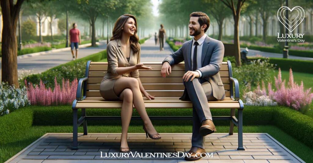 First Date Tips for Women Practical Advice For Success : Woman and man sitting on a park bench, enjoying a lively conversation. | Luxury Valentine's Day