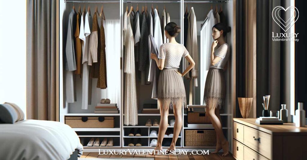First Date Tips for Women Preparation Before the Date : Woman selecting an outfit from her wardrobe for a date. | Luxury Valentine's Day