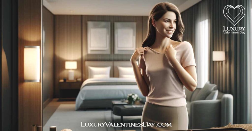 First Date for Women Your Guide to Success : Woman getting ready for a first date, standing in front of a mirror and smiling confidently. | Luxury Valentine's Day