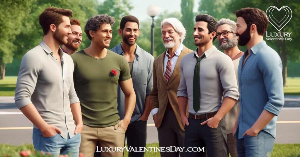 First Dating Tips for Men of Different Ages : Diverse group of men discussing first date tips in a park. | Luxury Valentine's Day