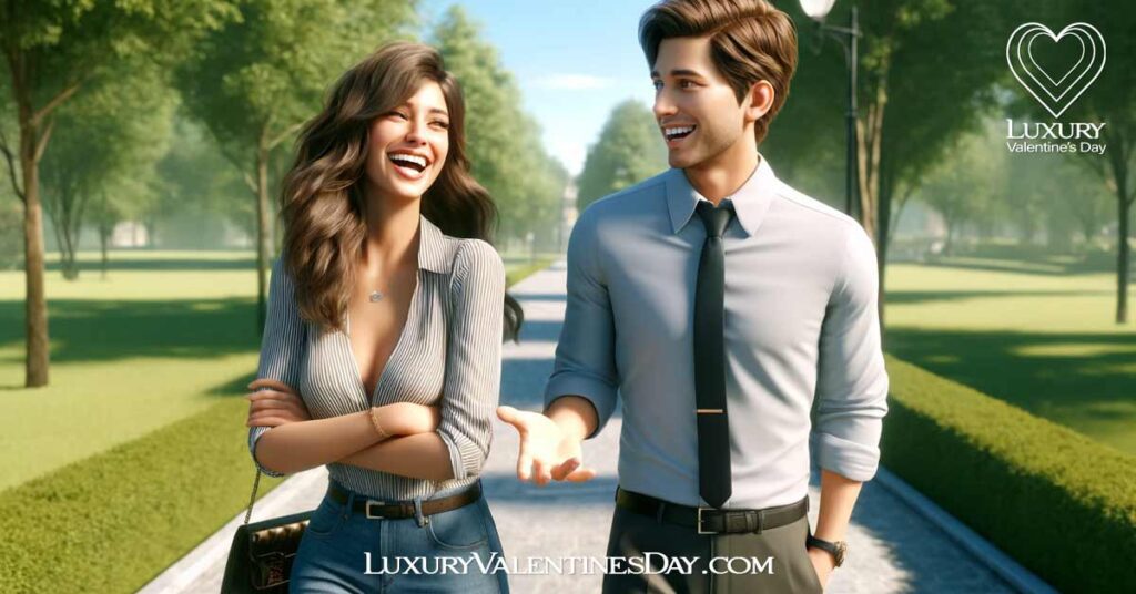 How to Greet Someone on the First Date ; Young man and woman walking in a park on a first date, woman laughing at a story. | Luxury Valentine's Day
