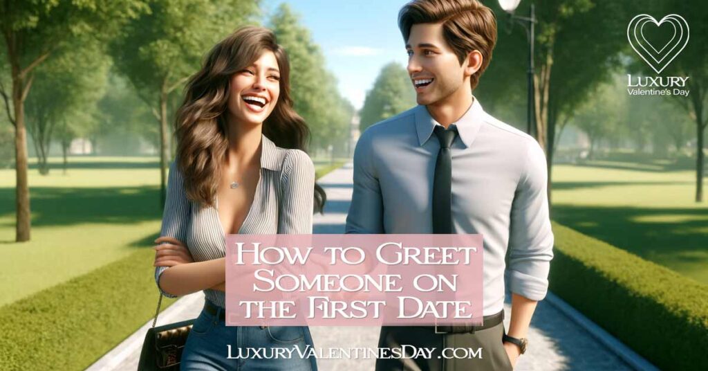 How to Greet Someone on the First Date : Young man and woman walking in a park on a first date, woman laughing at a story. | Luxury Valentine's Day