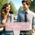 How to Greet Someone on the First Date : Young man and woman walking in a park on a first date, woman laughing at a story. | Luxury Valentine's Day