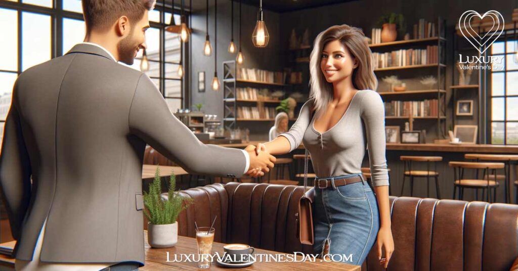 How to Greet Someone on the First Date : Young woman and man shaking hands at a modern coffee shop on their first date. | Luxury Valentine's Day
