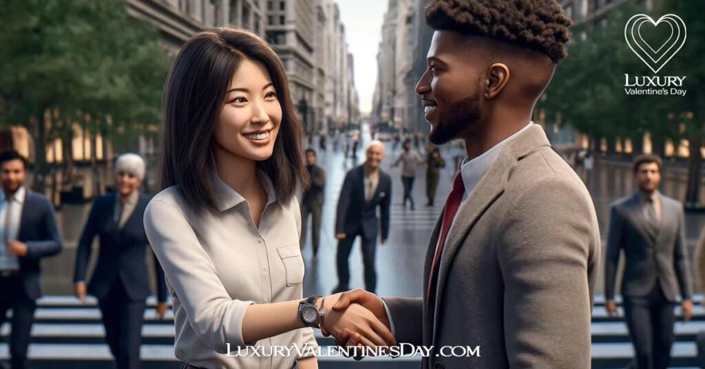 How to Greet Your Online Date : Mixed-race couple meeting for the first time in a city square. | Luxury Valentine's Day