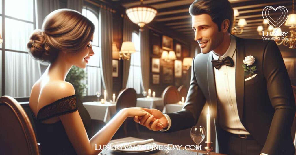 How to Greet a Girl/Woman on a First Date : Man warmly holding a woman's hand in a romantic restaurant on a first date. | Luxury Valentine's Day