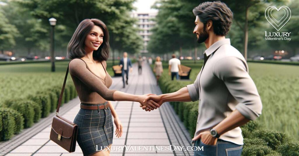 How to Greet a Guy/Man on a First Date : Woman offering a handshake to a man on a first date in an urban park. | Luxury Valentine's Day