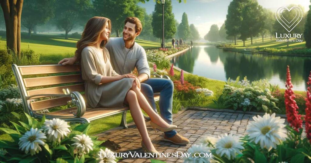 Perfect First Date Locations for Men : Couple on a first date at a scenic park, sitting on a bench by a beautiful lake. | Luxury Valentine's Day