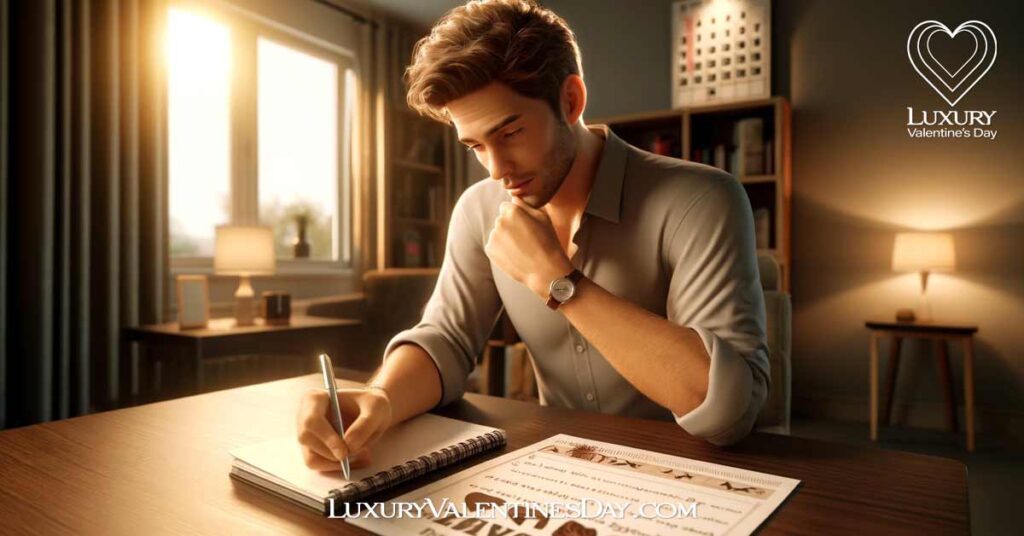 Preparation Before the 1st Date : A man planning for a first date, writing down conversation topics at a desk. | Luxury Valentine's Day