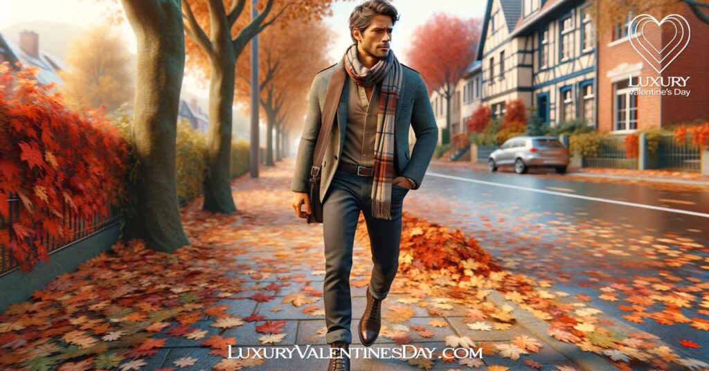 What Should a Guy Wear on a First Date in the Fall Autumn : A man dressed in a casual fall outfit for a first date, walking along a tree-lined street. | Luxury Valentine's Day