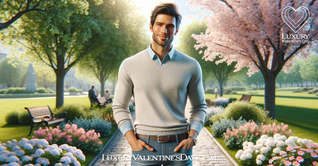 What Should a Guy Wear on a First Date in the Spring : A man dressed in a casual yet stylish spring outfit for a first date, standing in a park. | Luxury Valentine's Day
