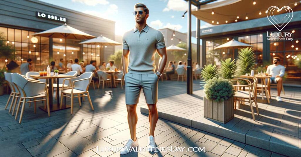 What Should a Guy Wear on a First Date in the Summer : A man dressed in a stylish summer outfit for a first date, standing outdoors in a sunny café setting. | Luxury Valentine's Day