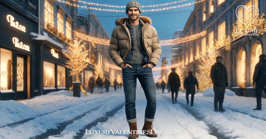 What Should a Guy Wear on a First Date in the Winter : A man dressed in a casual winter outfit for a first date, standing outside on a snowy street with festive lights. | Luxury Valentine's Day