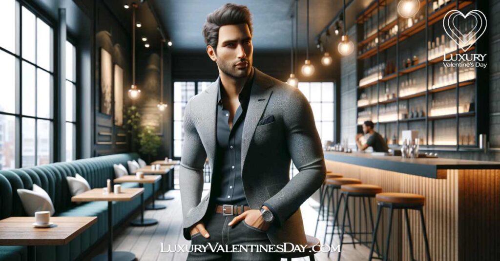 What to Wear on a First Date for Men : Stylish man at urban café for first date | Luxury Valentine's Day