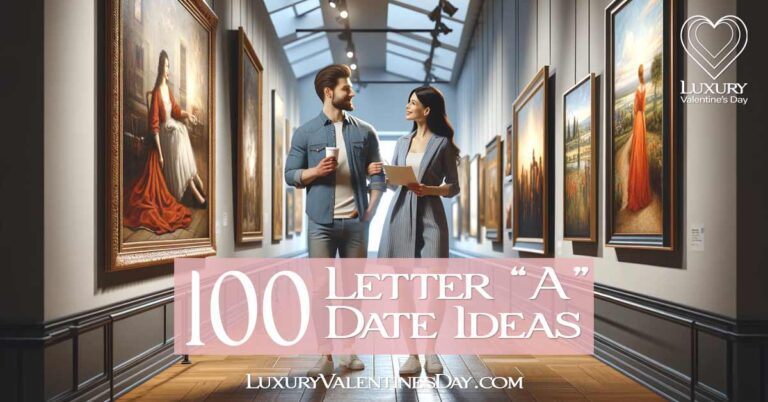 Alphabet Date Night A : Couple enjoying an art gallery tour, looking at paintings in a modern gallery | Luxury Valentine's Day