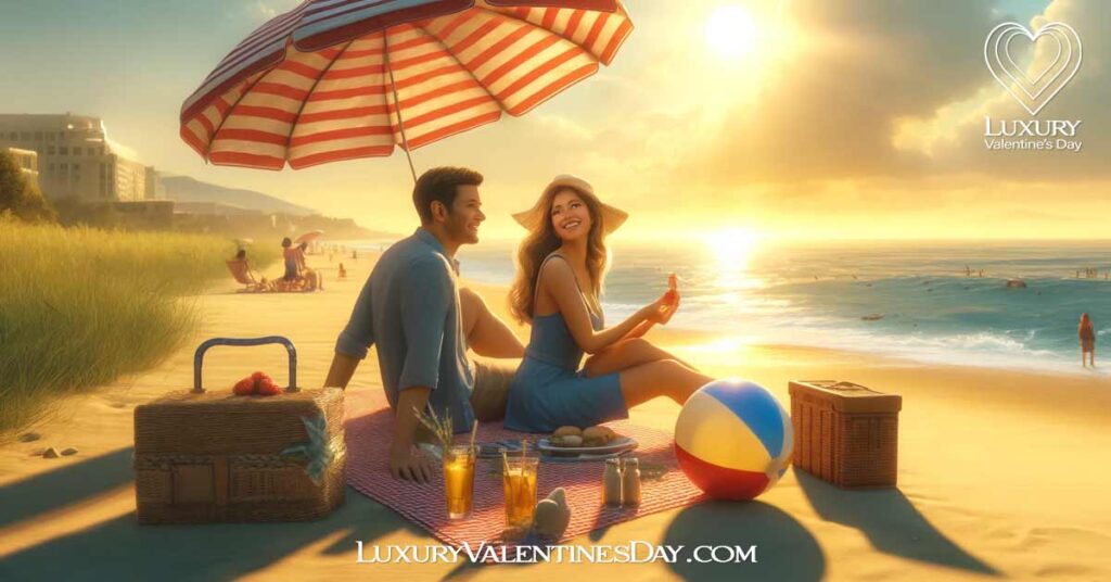 Alphabet Dates Beginning with B - Couple enjoying a beach day, sitting on the sand with an umbrella and playing with a beach ball | Luxury Valentine's Day